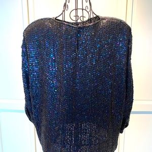 Vintage Black Top Iridescent Sequins Holiday Evening Wear Blouse/Shirt WMN Large